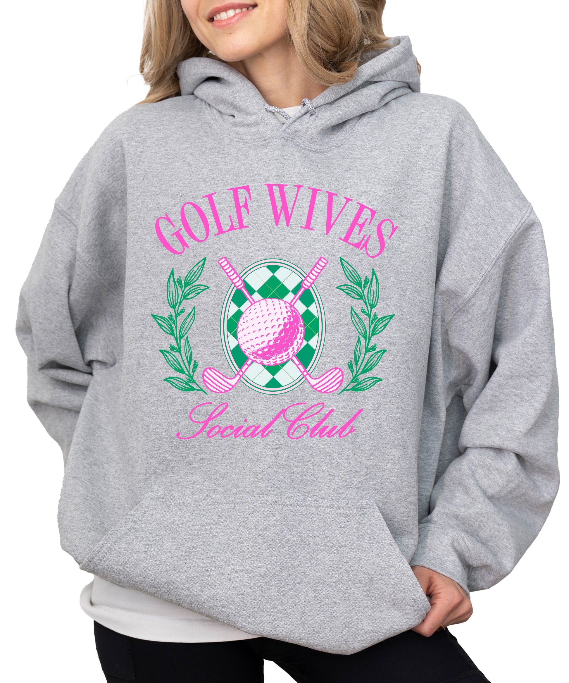Golf Wives Social Club hoodie in Gray, front view