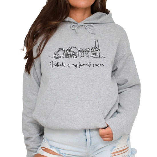 Gray hoodie with Football is My Favorite Season coquette bow graphic, front view