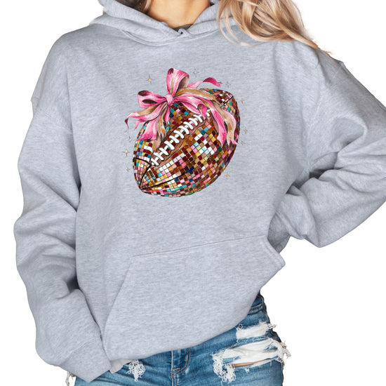 Disco Ball Football Coquette Bow Hoodie for Women, Gray Hoodie, view 1
