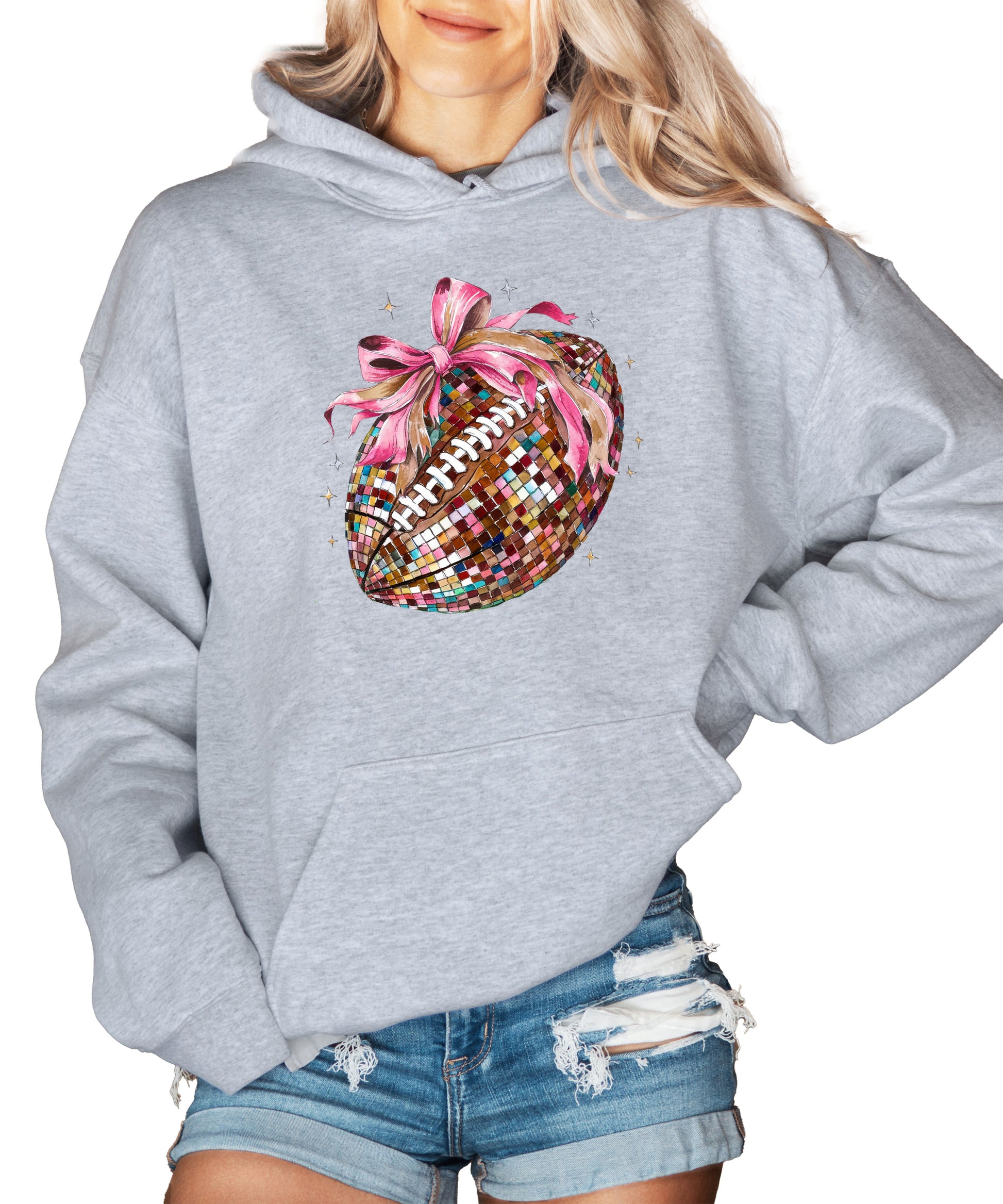 Disco Ball Football Coquette Bow Hoodie for Women, Gray Hoodie, view 1
