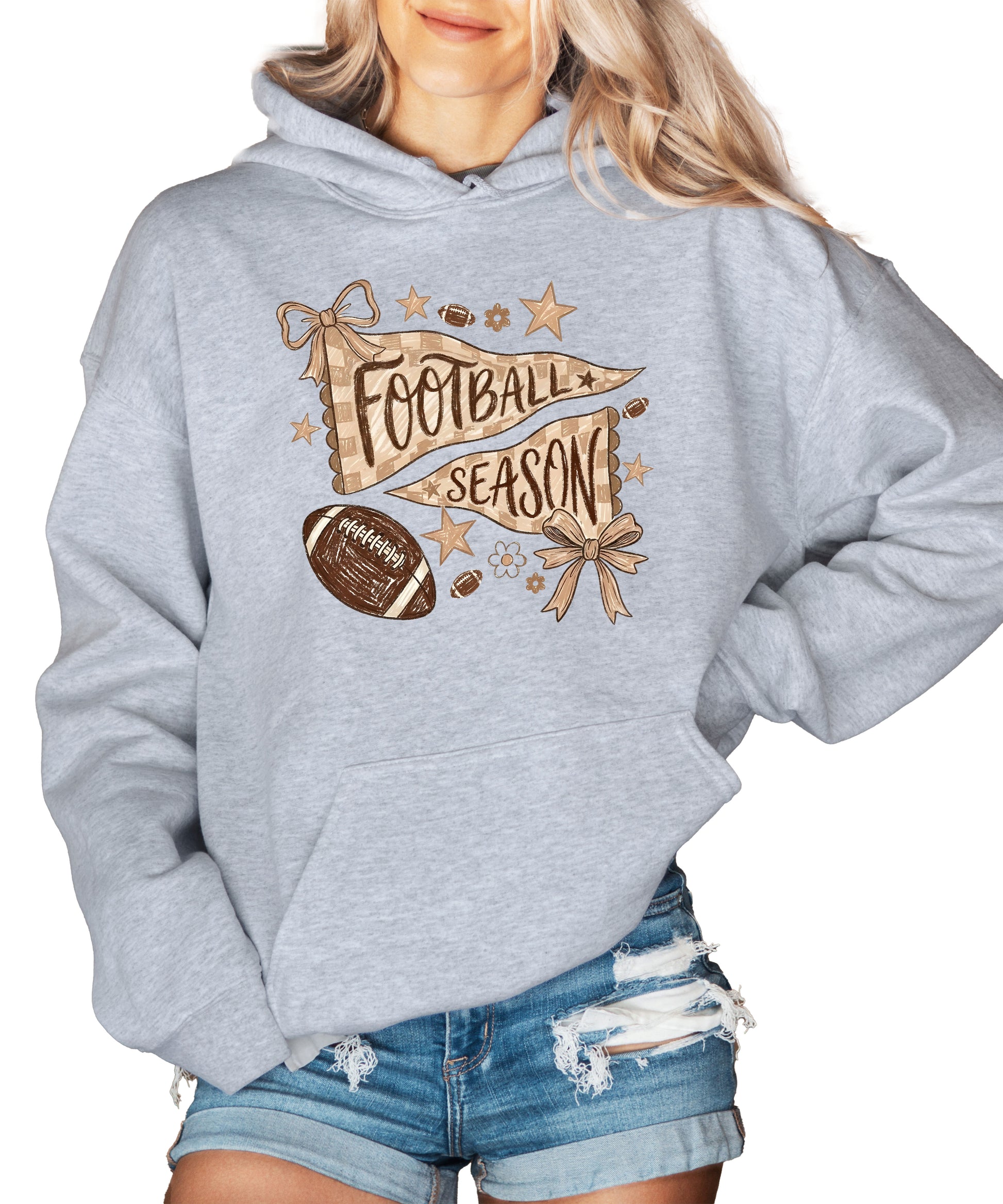 Football Season Coquette Bow Pennant Game Day Hoodie for Women - Gray - view 2