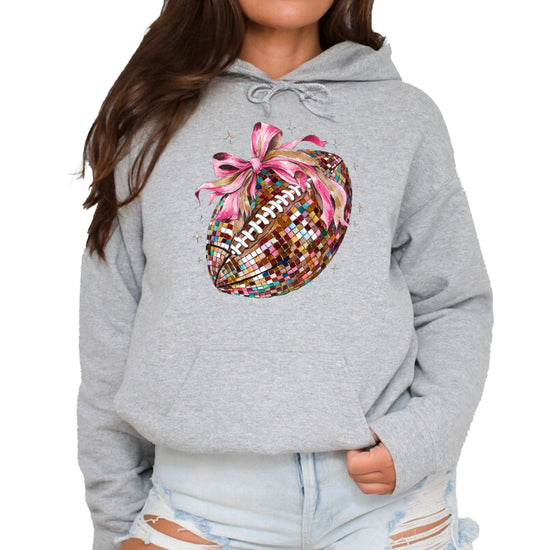Disco Ball Football Coquette Bow Hoodie for Women, Gray Hoodie, view 2