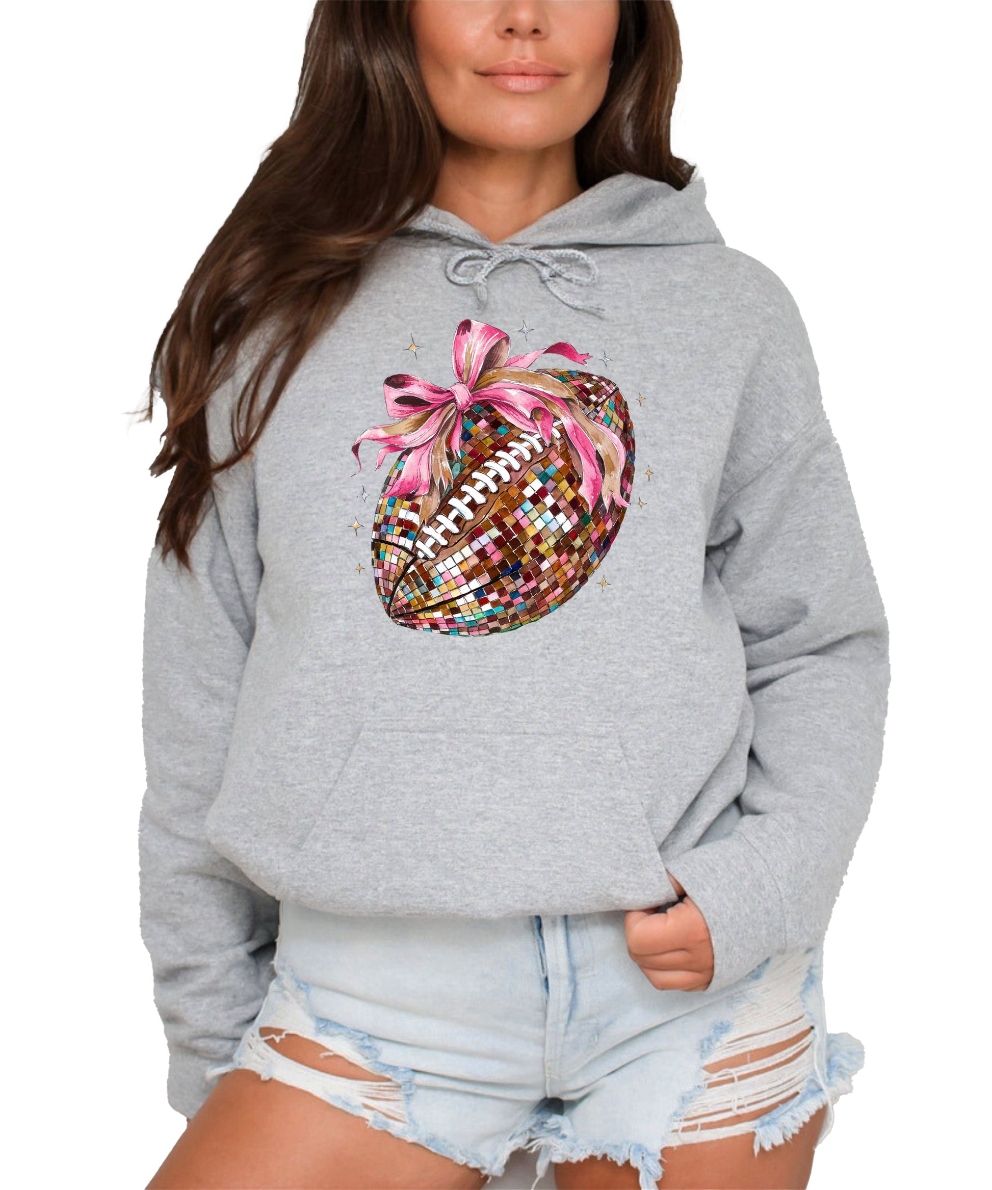 Disco Ball Football Coquette Bow Hoodie for Women, Gray Hoodie, view 2