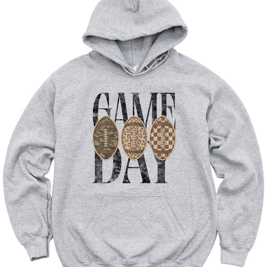 Gray Game Day football hoodie, styled view