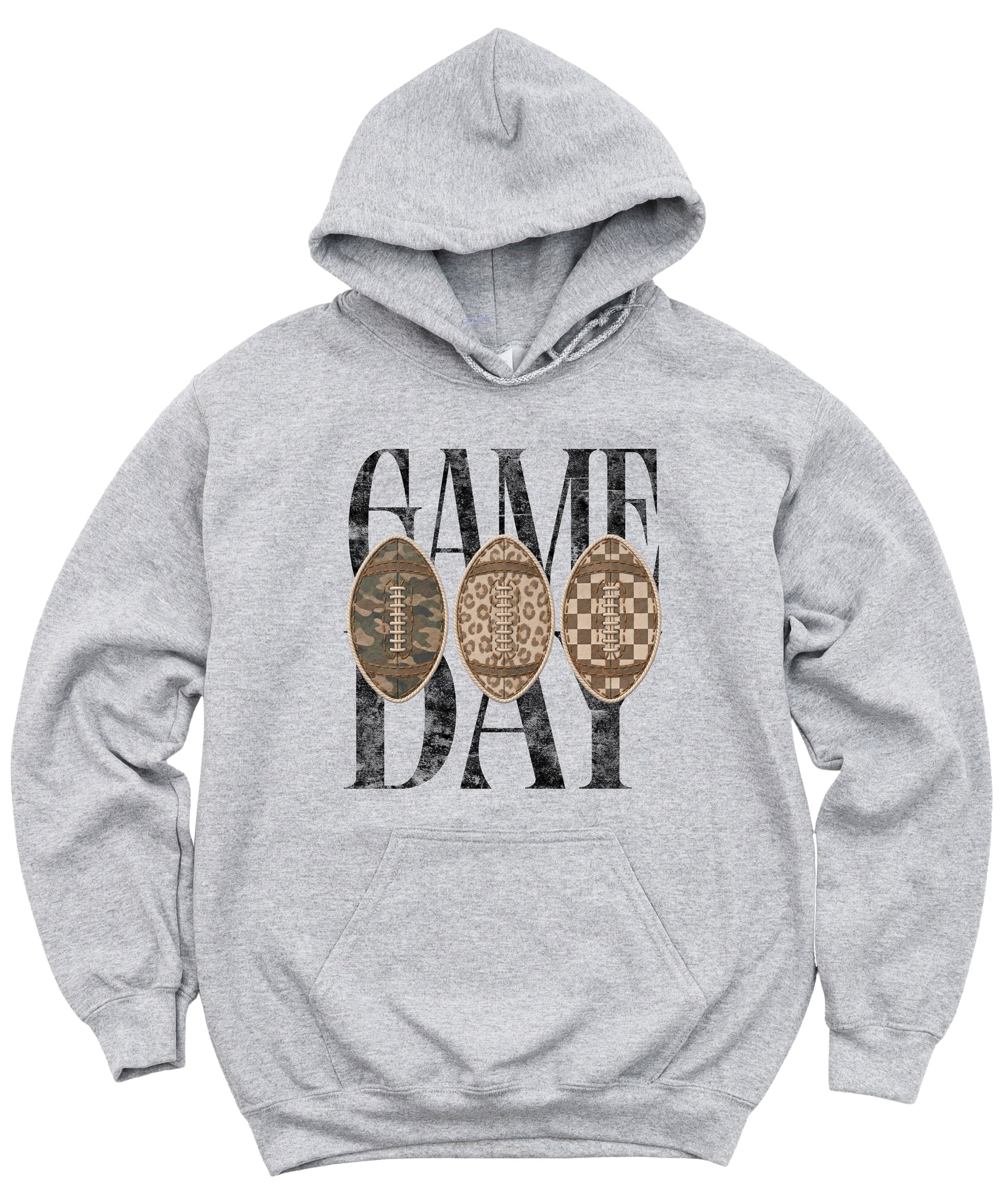 Gray Game Day football hoodie, styled view