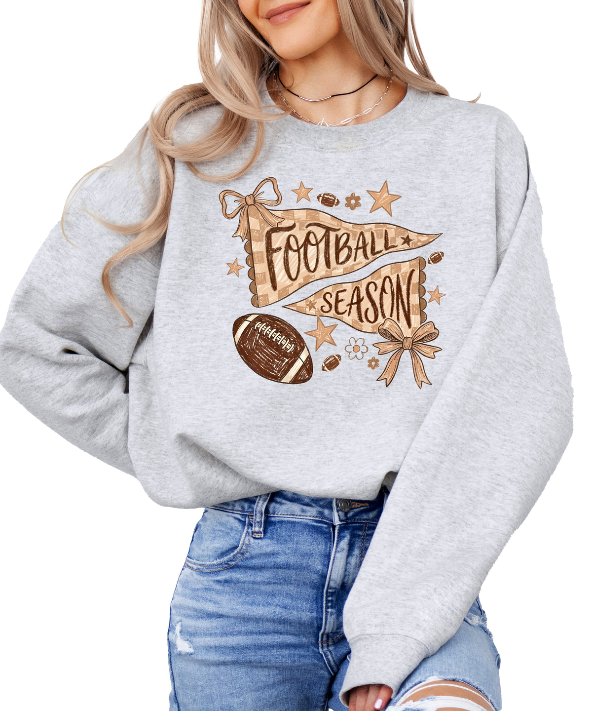 Football Season Coquette Bow Pennant Game Day Crewneck Sweatshirt - Gray Sweatshirt view 2
