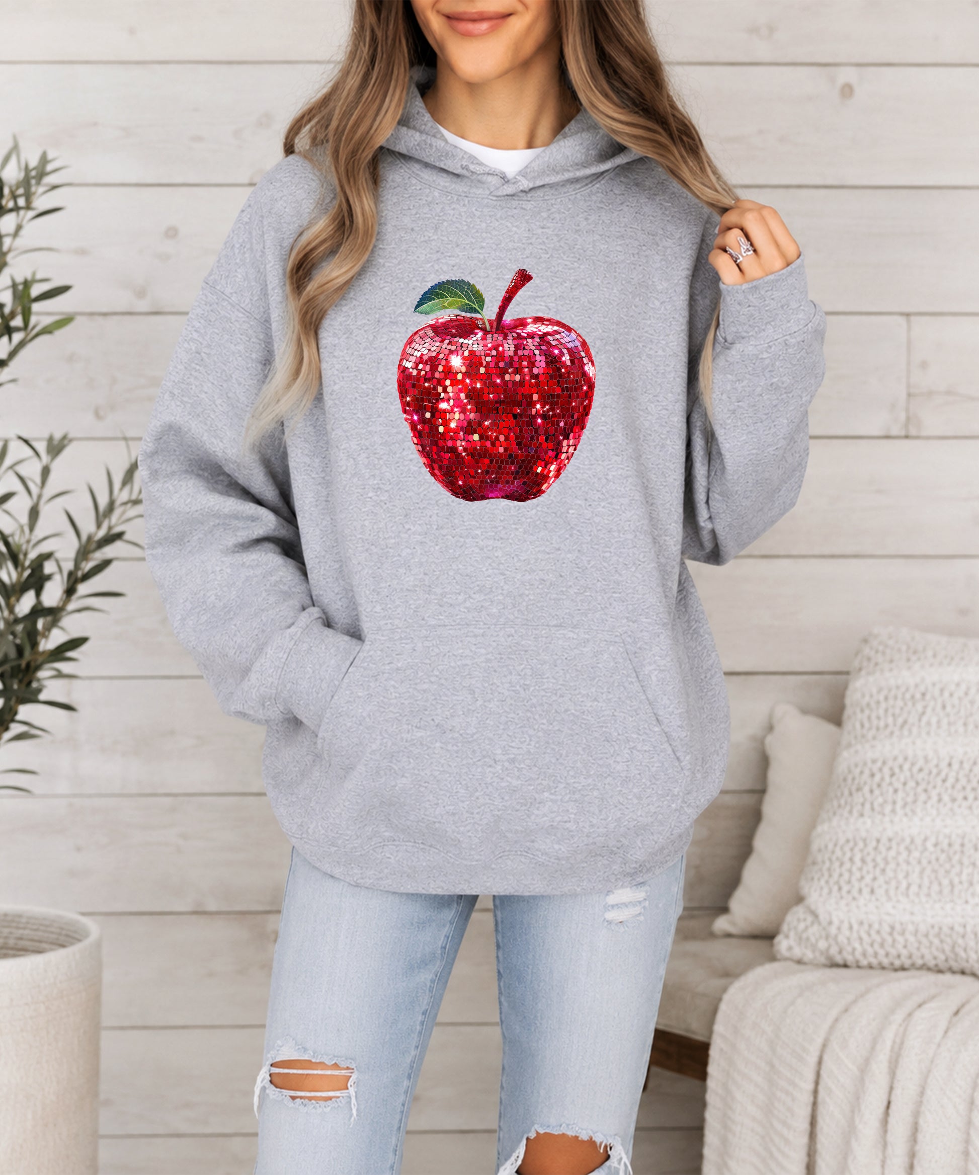 Gray glitter apple teacher hoodie view 2