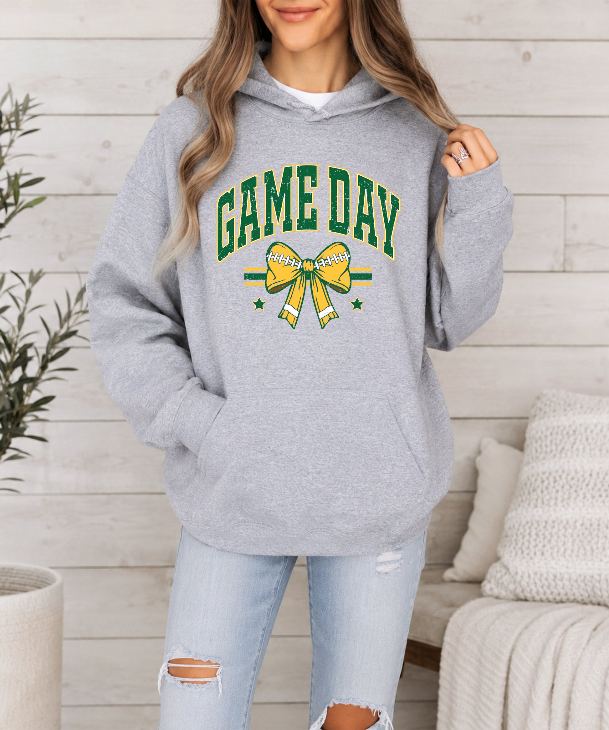 Game Day Football Bow Hoodie in Gray - graphic detail