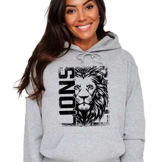 Lions School Spirit hoodie in Gray - distressed lion mascot game day pullover sweatshirt, view 2