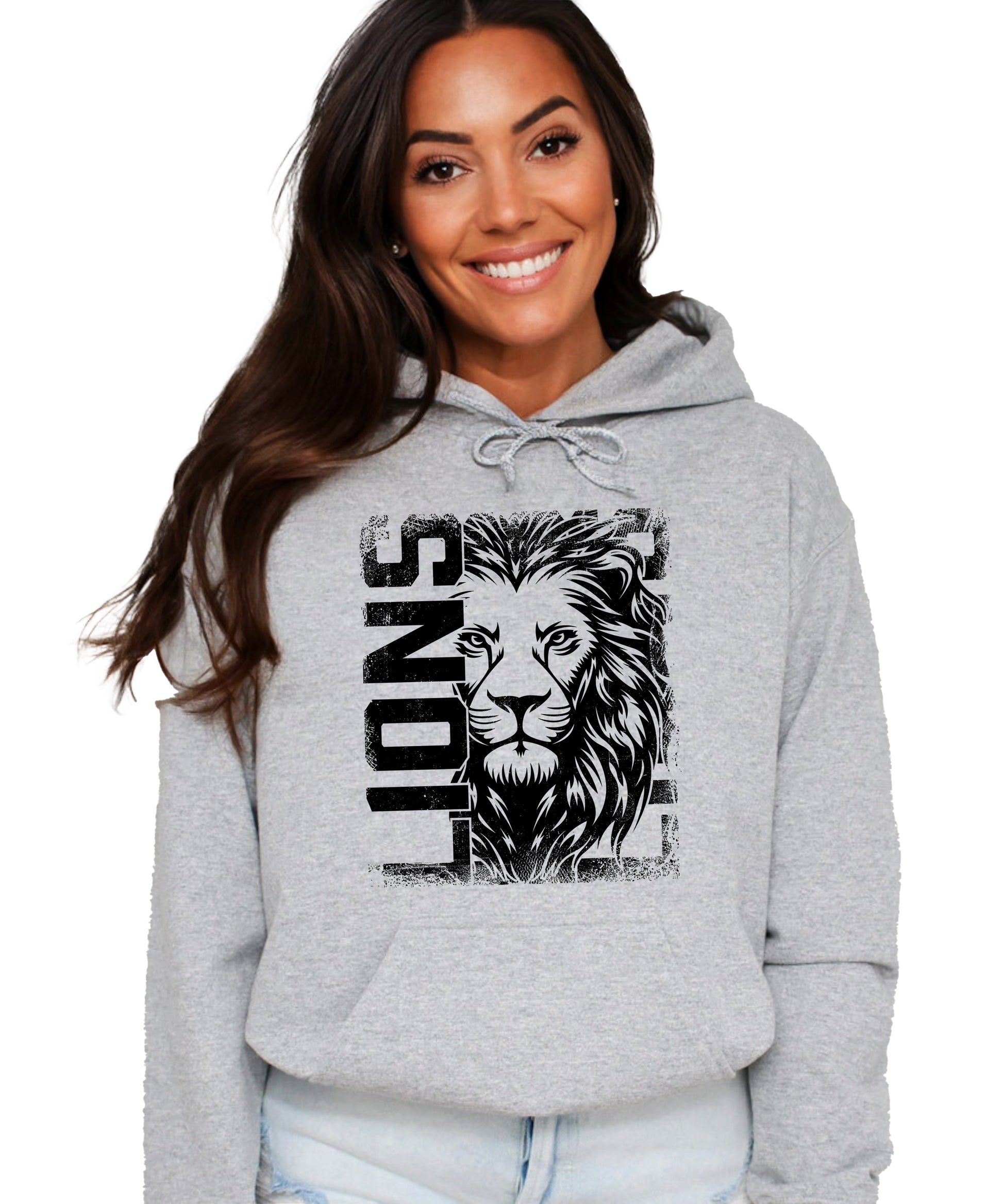 Lions School Spirit hoodie in Gray - distressed lion mascot game day pullover sweatshirt, view 2