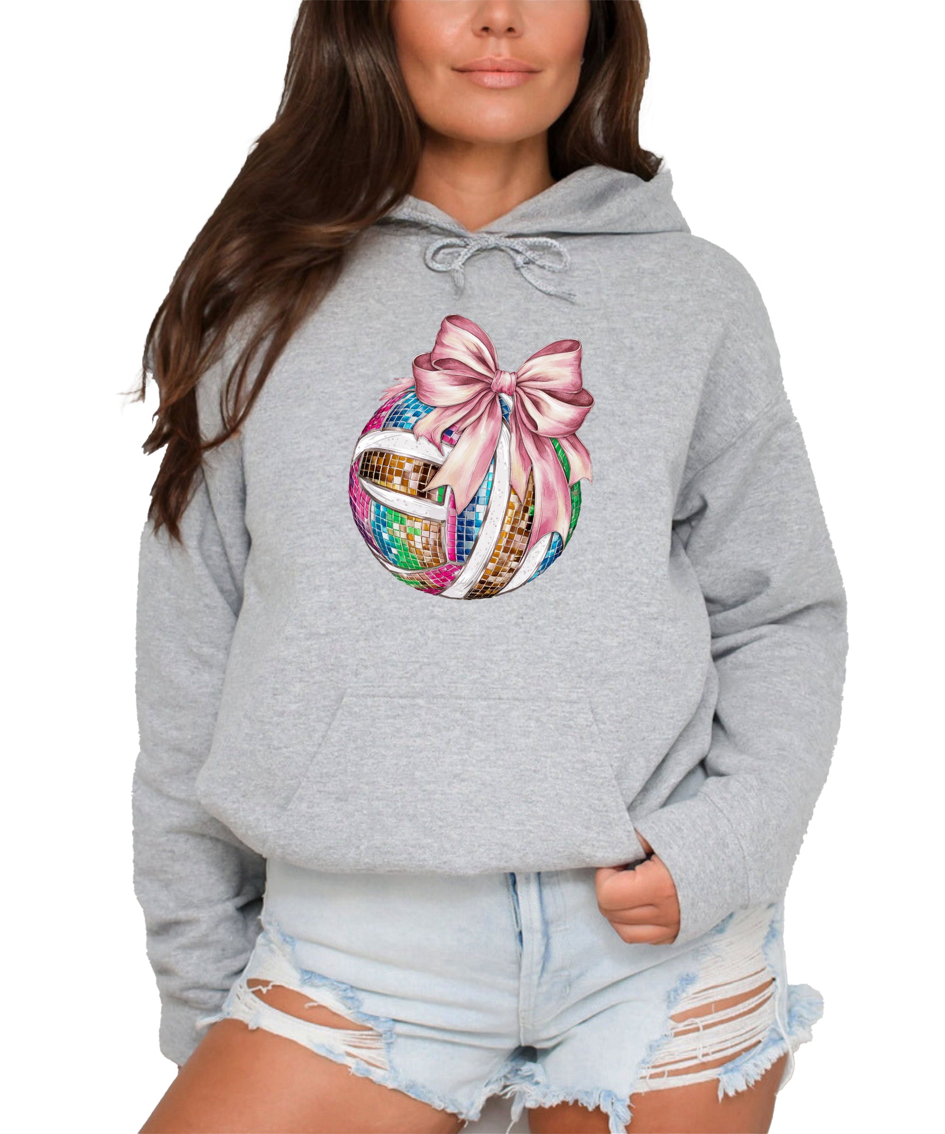 Disco Volleyball Coquette Bow Hoodie - Gray - View 2