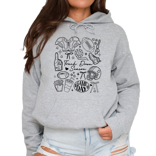 Gray Touch Down Season football hoodie game day collage detail