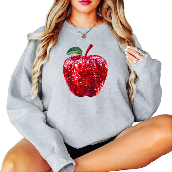 Red disco apple glitter sweatshirt, gray sweatshirt, design close up