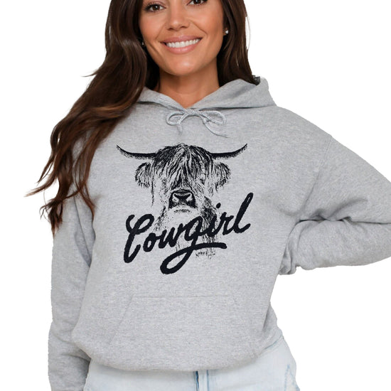 Cowgirl Highland Cow Hoodie - Gray Hoodie - Olive Loves Apple