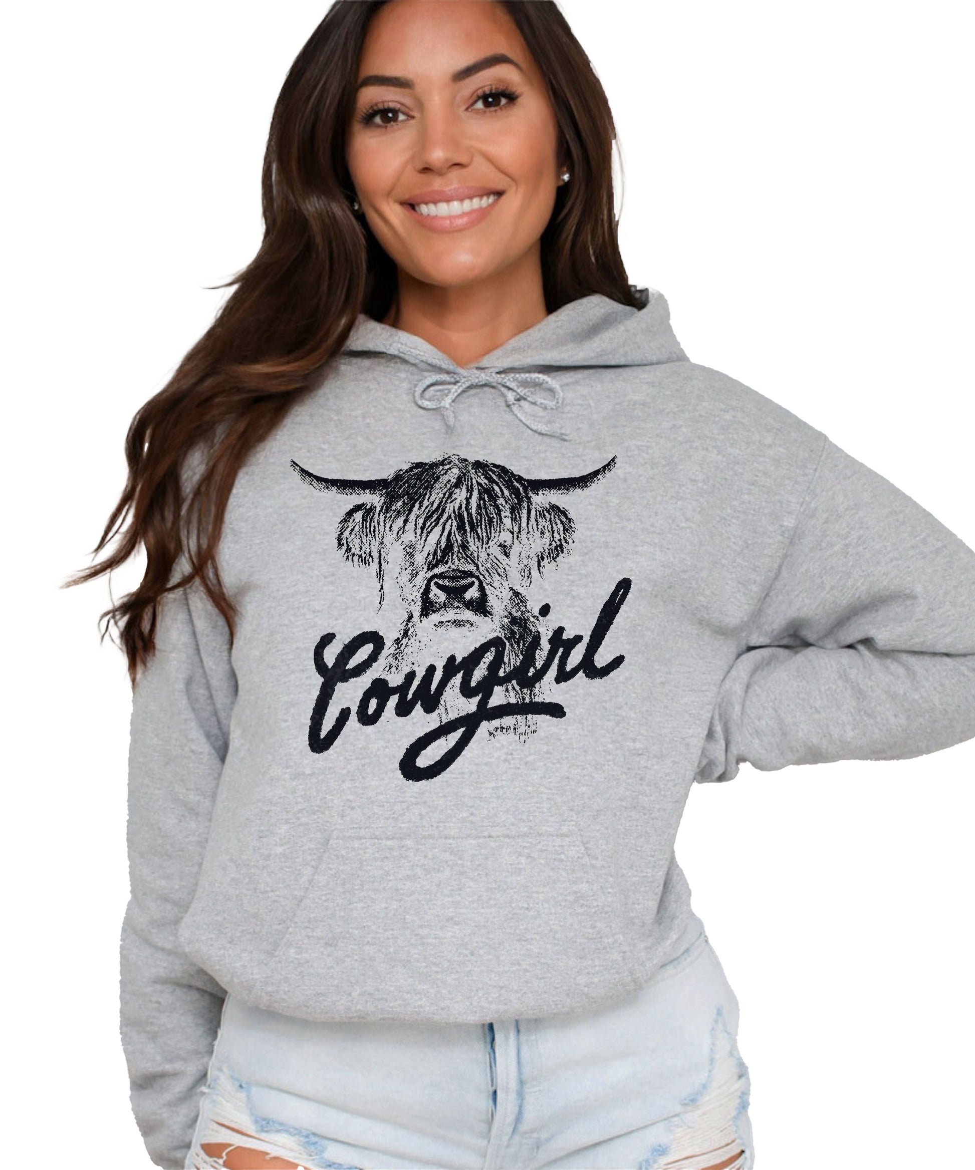 Cowgirl Highland Cow Hoodie - Gray Hoodie - Olive Loves Apple