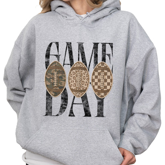 Gray Game Day football hoodie, detail view