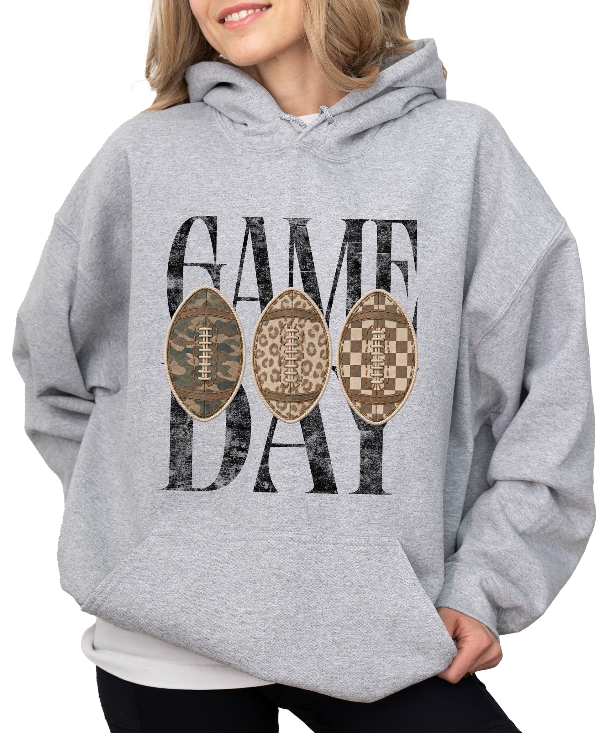 Gray Game Day football hoodie, detail view
