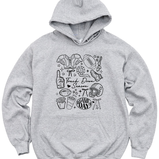 Gray Touch Down Season football hoodie styled on model