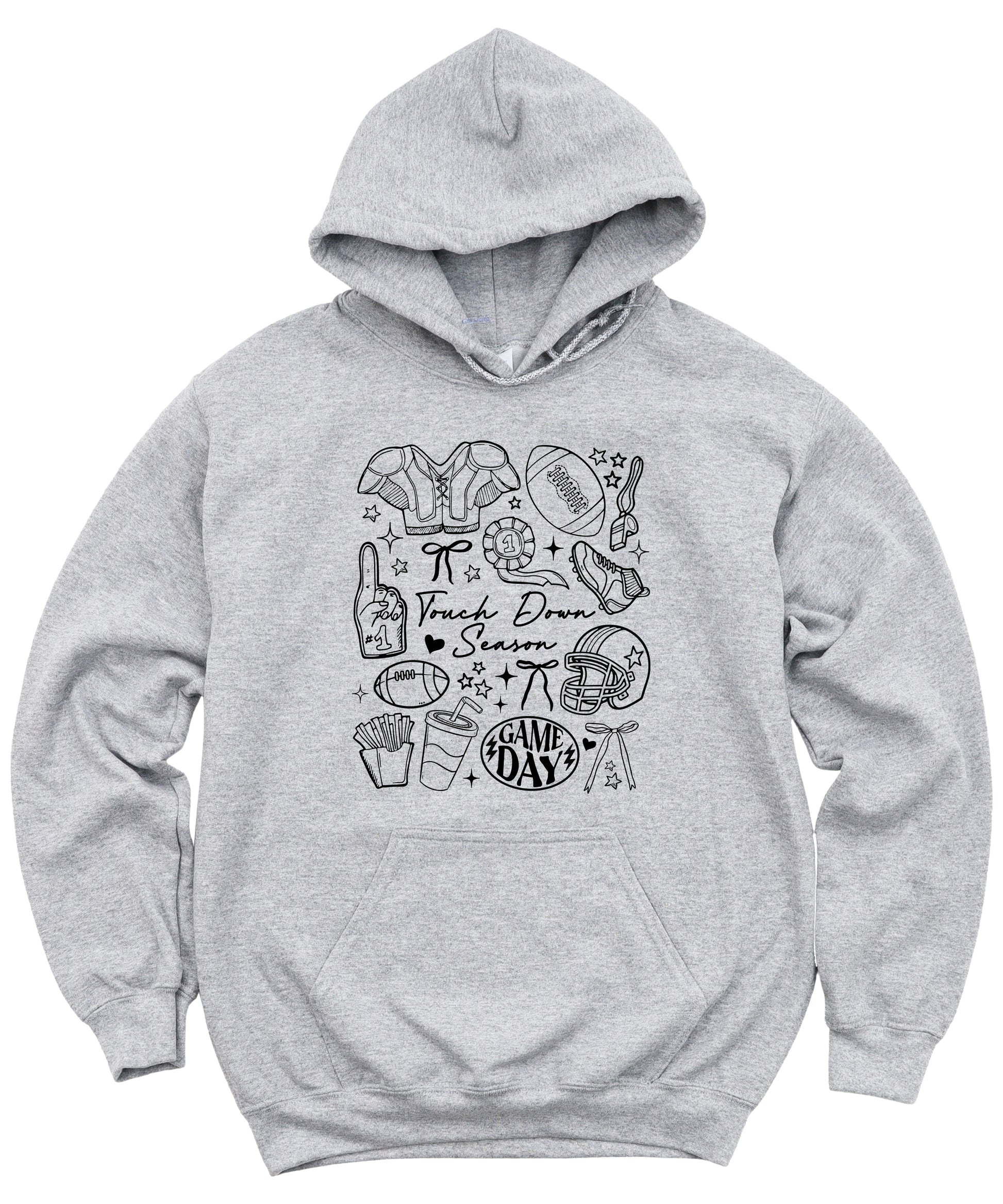 Gray Touch Down Season football hoodie styled on model