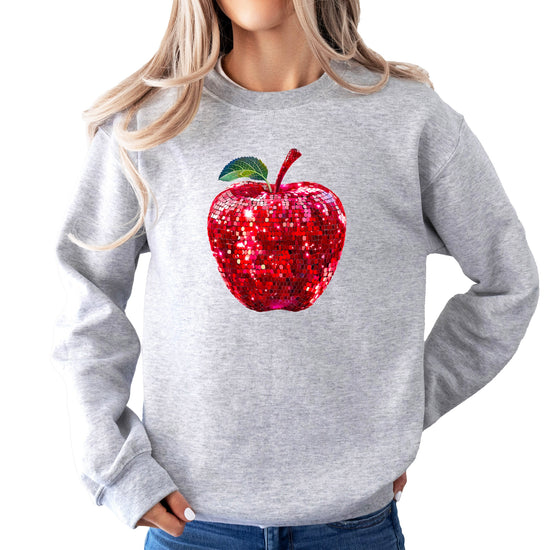 Red disco apple teacher sweatshirt, gray sweatshirt, lifestyle view