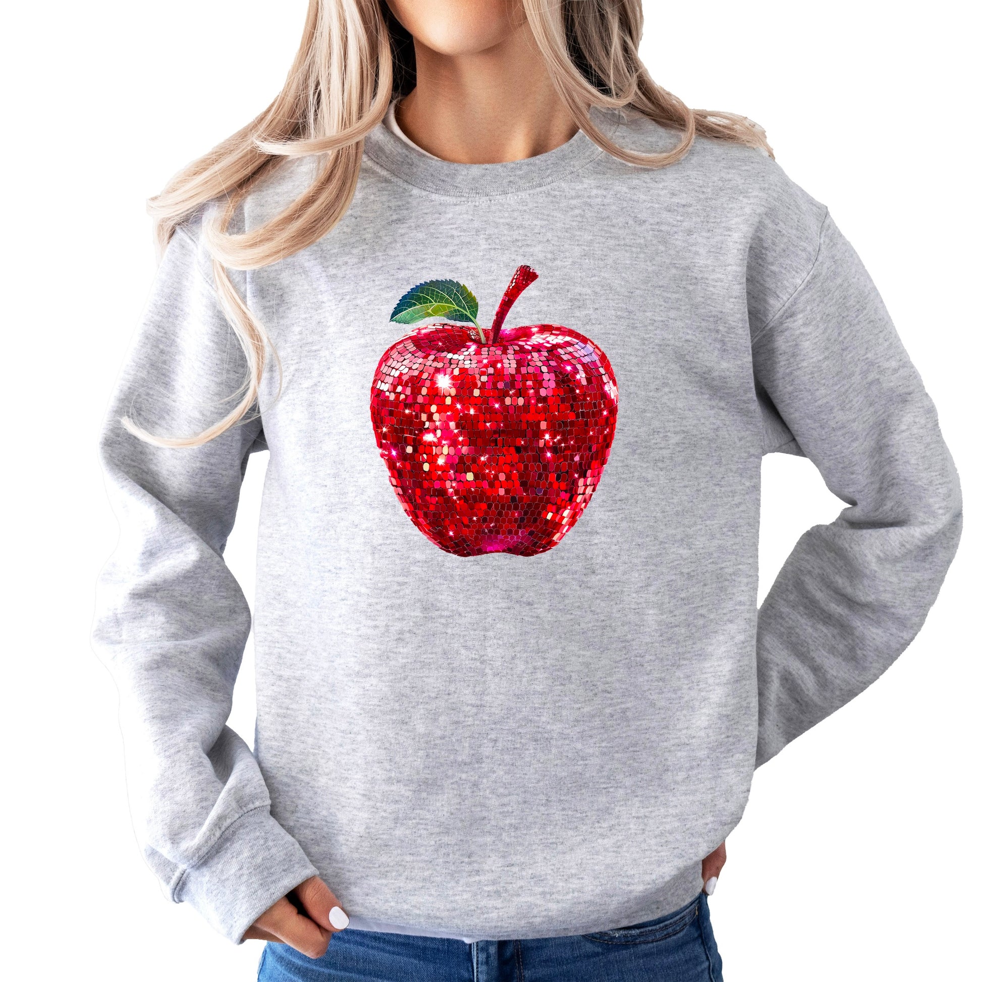 Red disco apple teacher sweatshirt, gray sweatshirt, lifestyle view