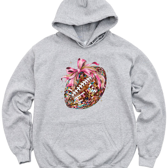 Disco Ball Football Coquette Bow Hoodie for Women, Gray Hoodie, view 3