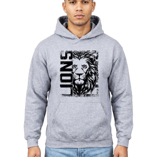 Lions School Spirit hoodie in Gray - distressed lion mascot game day pullover sweatshirt, view 3