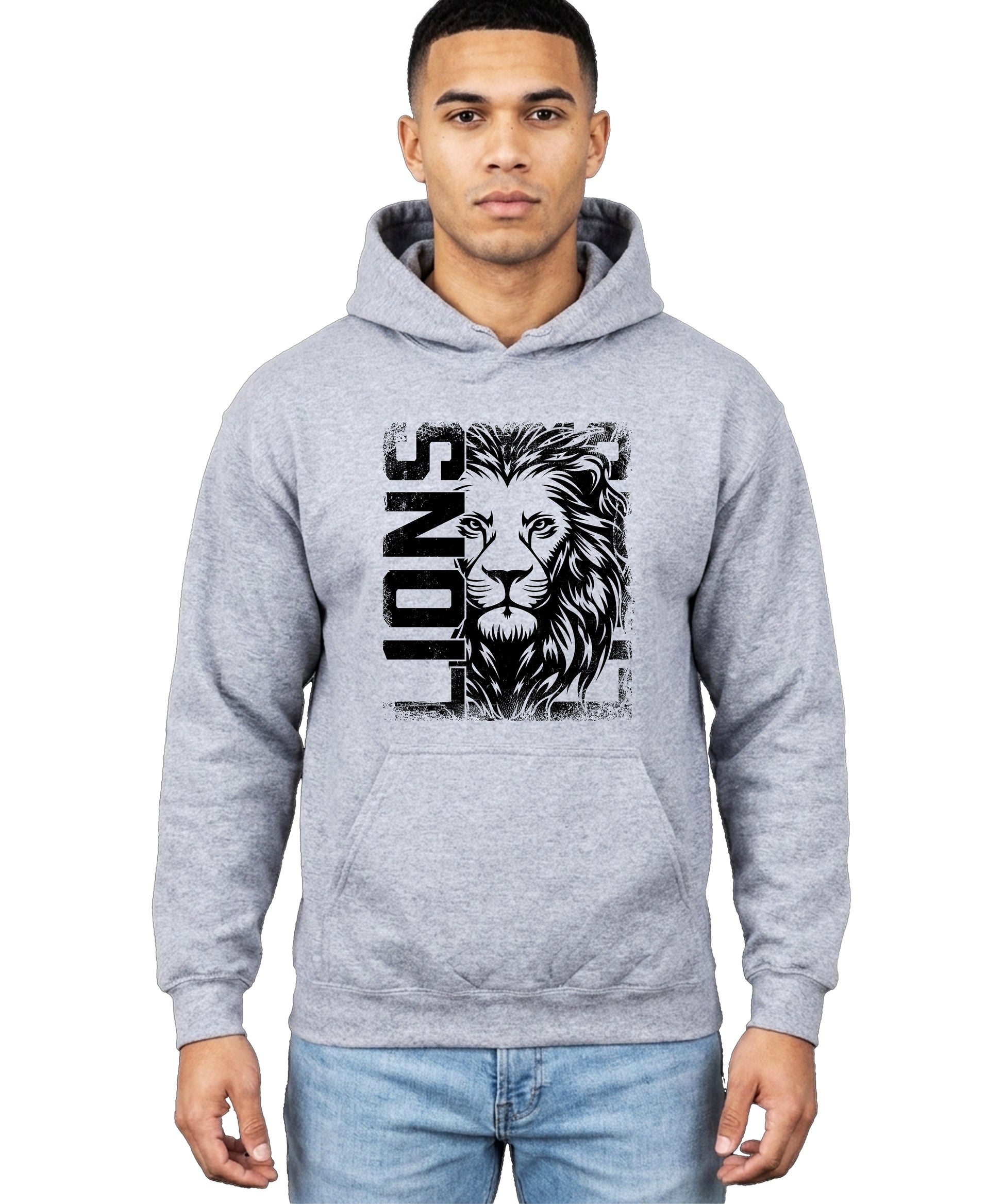 Lions School Spirit hoodie in Gray - distressed lion mascot game day pullover sweatshirt, view 3