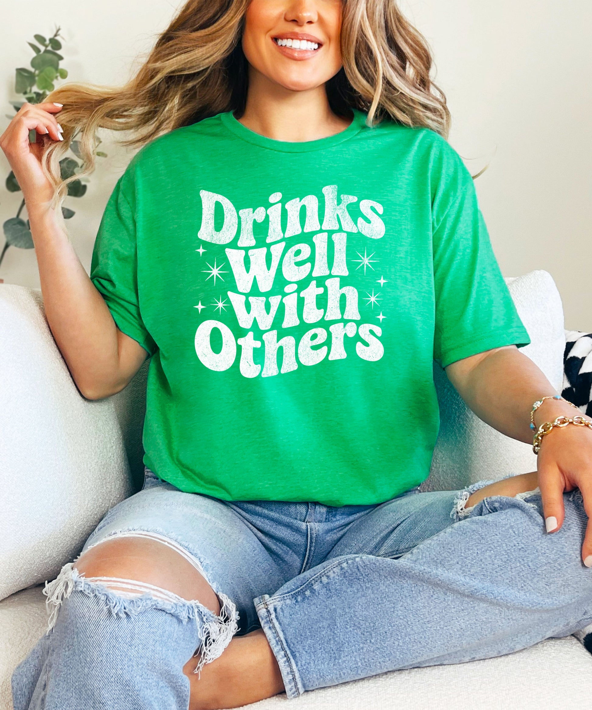 Drinks Well With Others funny graphic tee for women in Vintage Green, back view