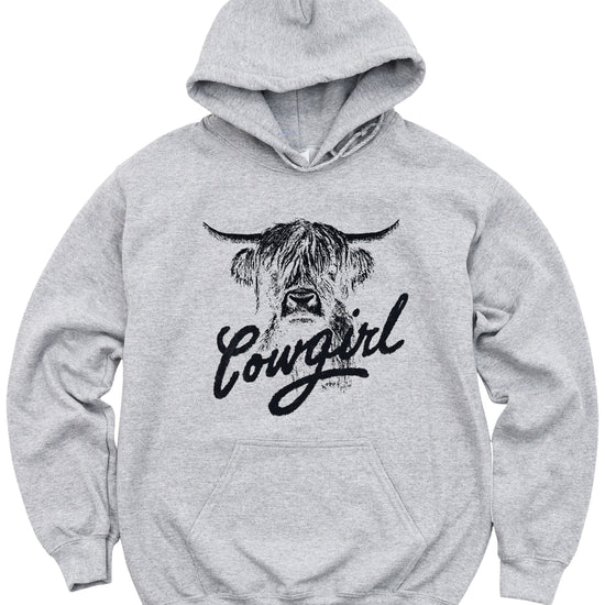 Cowgirl Highland Cow Hoodie - Gray Hoodie - Olive Loves Apple