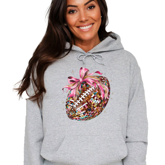 Disco Ball Football Coquette Bow Hoodie for Women, Gray Hoodie, view 4