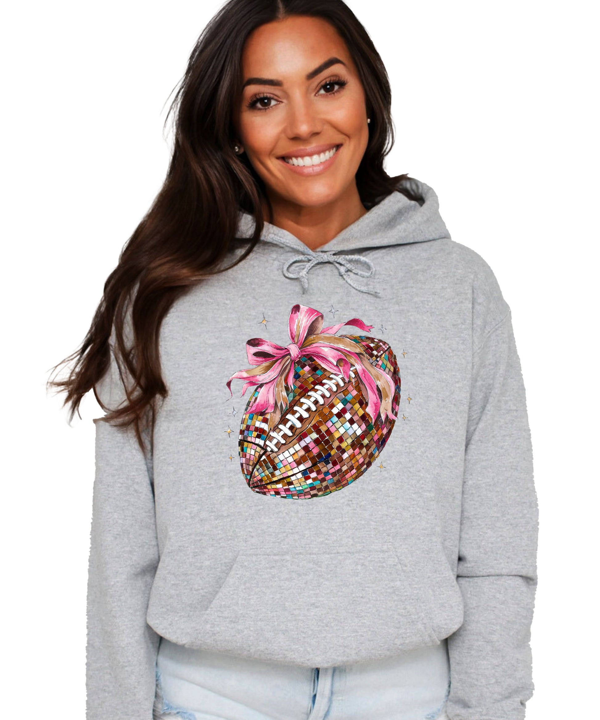 Disco Ball Football Coquette Bow Hoodie for Women, Gray Hoodie, view 4