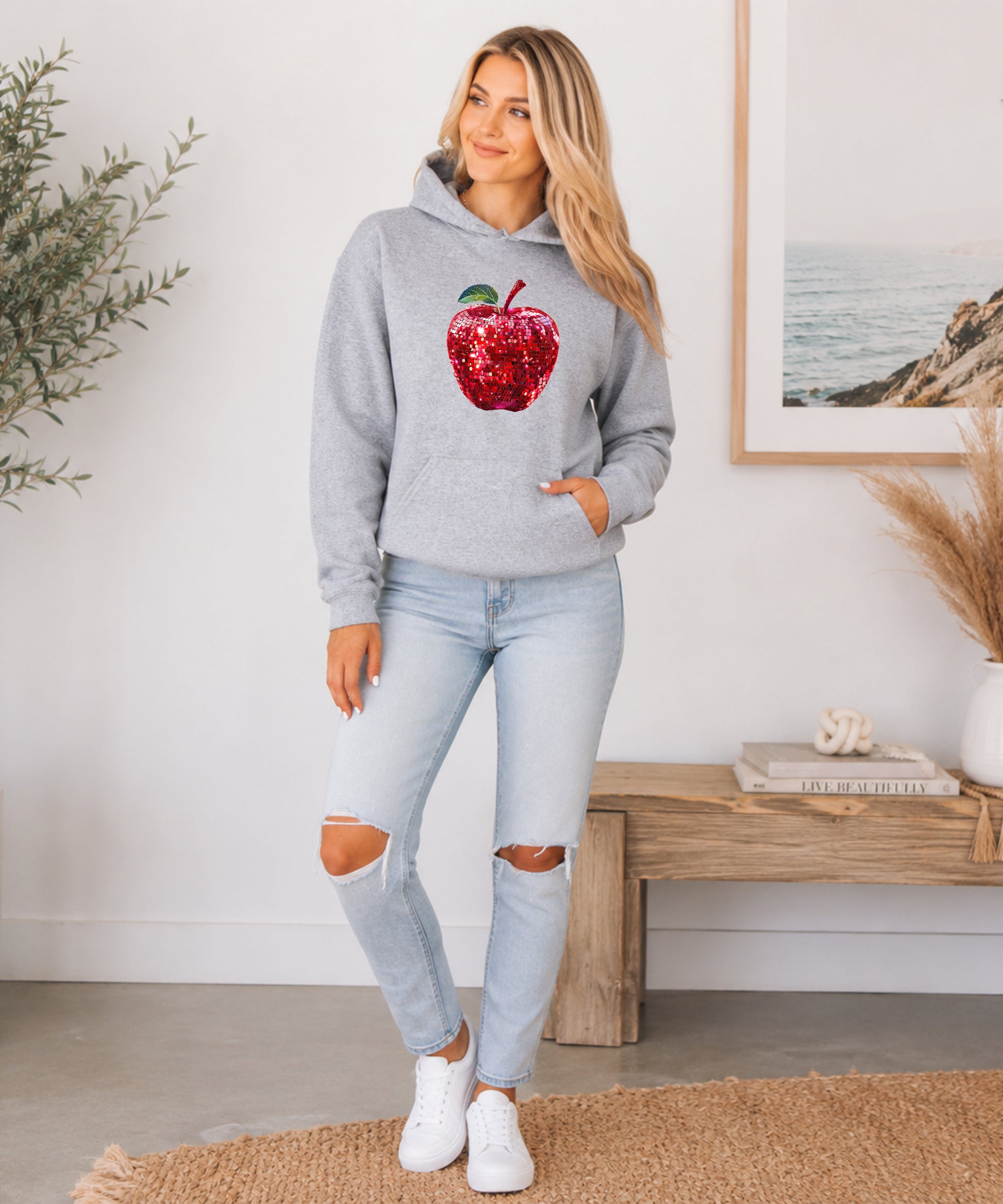 Gray glitter apple teacher hoodie view 4