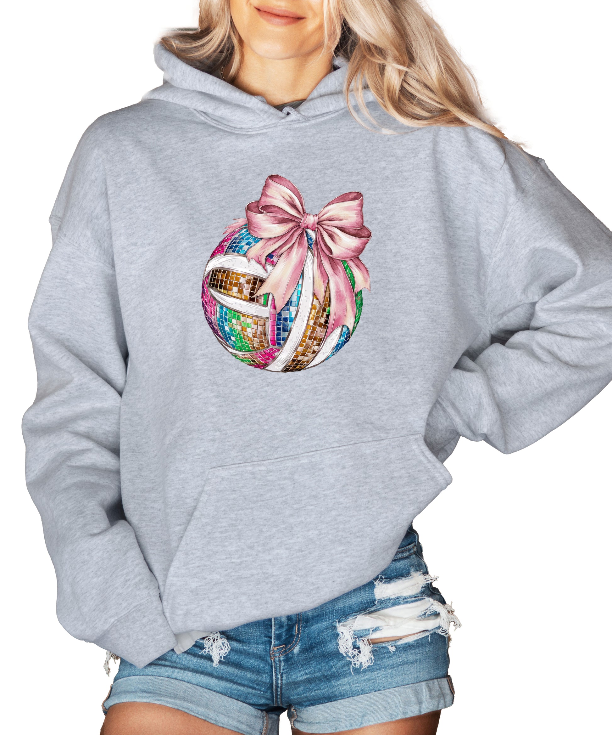 Disco Volleyball Coquette Bow Hoodie - Gray - View 4