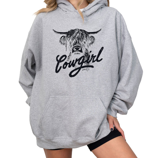 Cowgirl Highland Cow Hoodie - Gray Hoodie - Olive Loves Apple