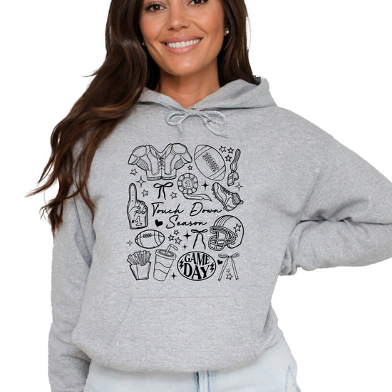 Gray Touch Down Season football hoodie lifestyle shot