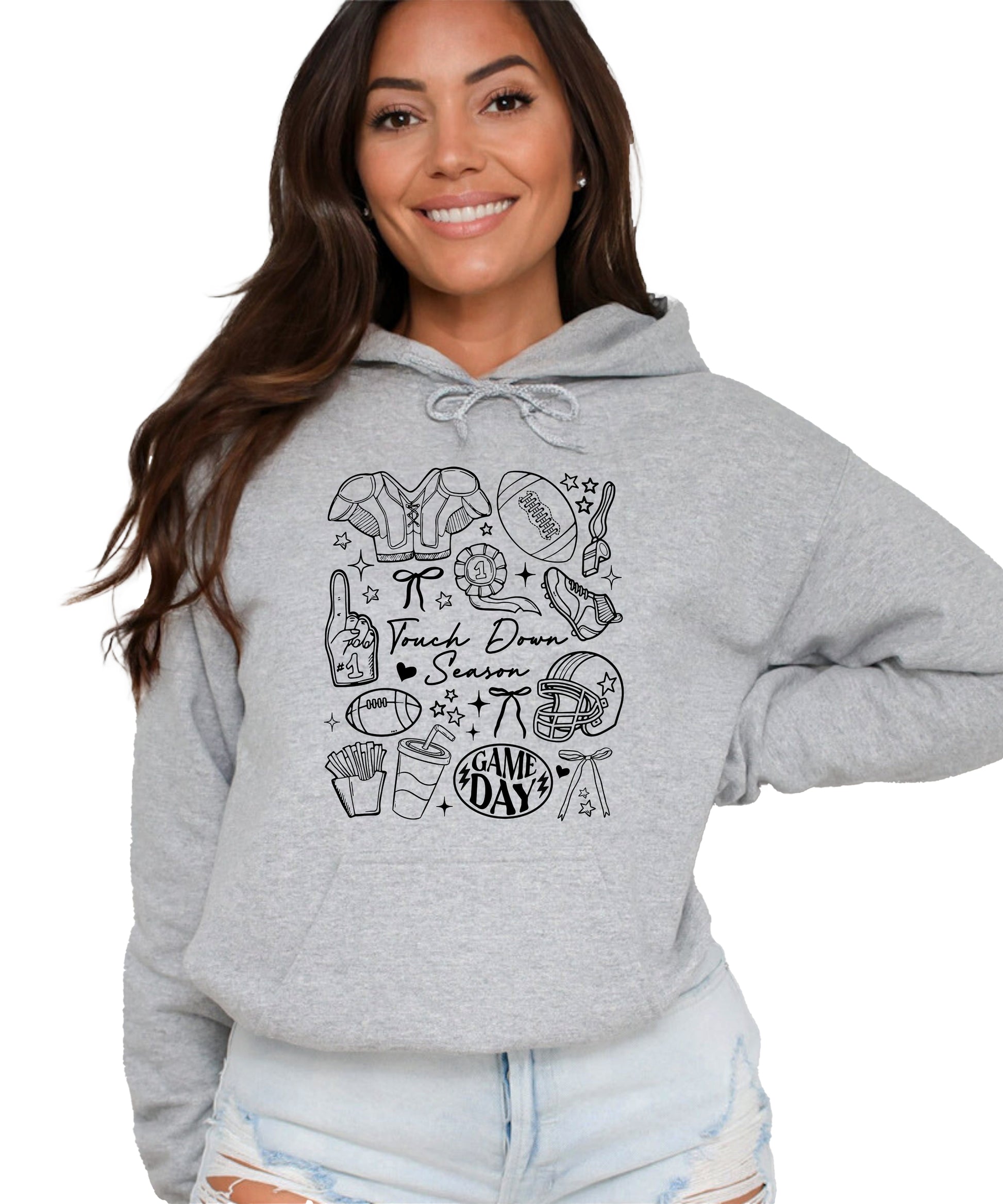 Gray Touch Down Season football hoodie lifestyle shot