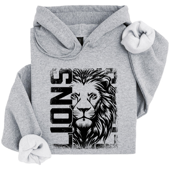 Lions School Spirit hoodie in Gray - distressed lion mascot game day pullover sweatshirt, view 4