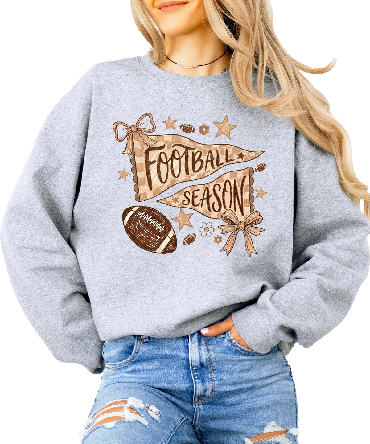 Football Season Coquette Bow Pennant Game Day Crewneck Sweatshirt - Gray Sweatshirt view 4