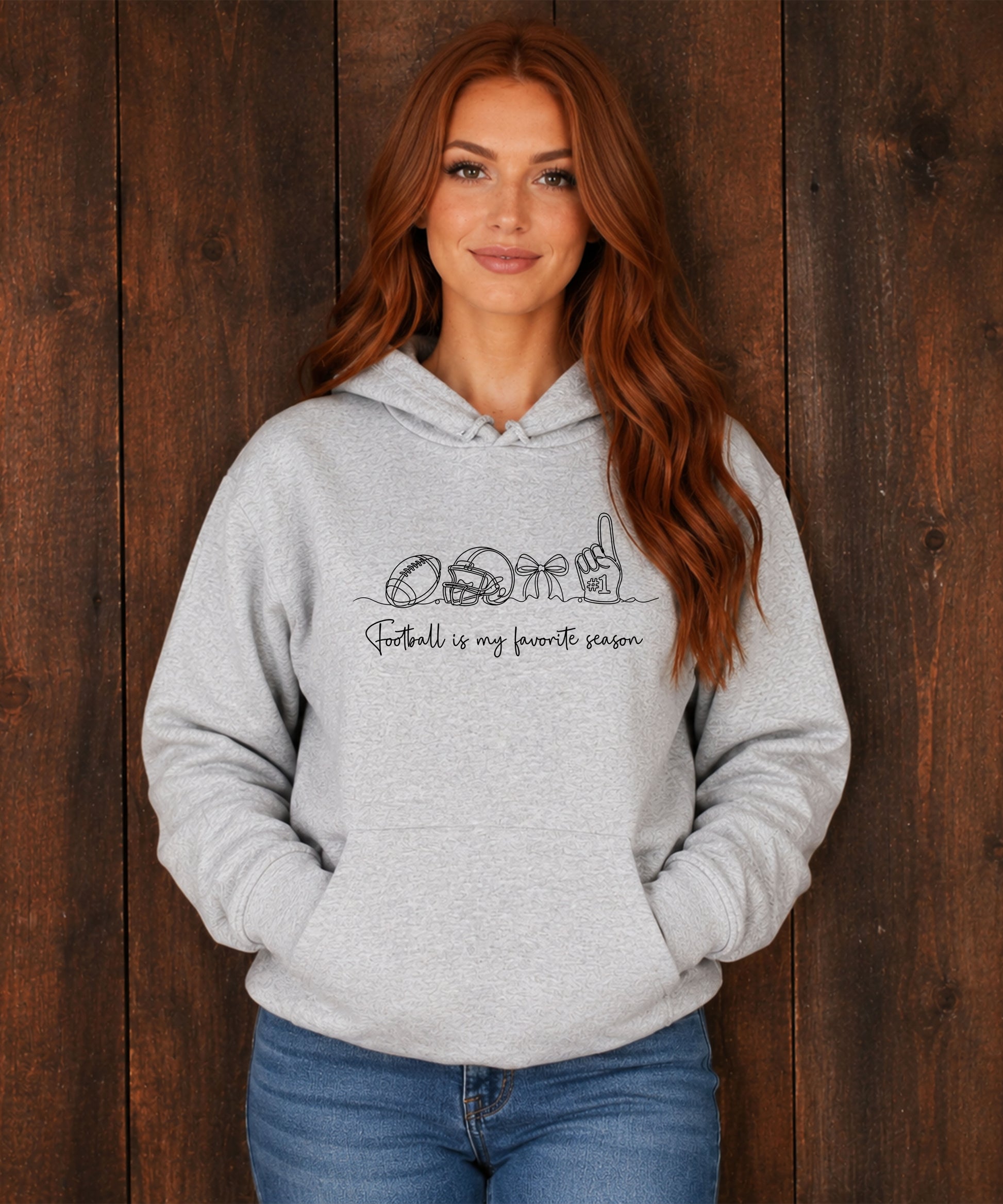 Gray coquette football hoodie, close up of graphic