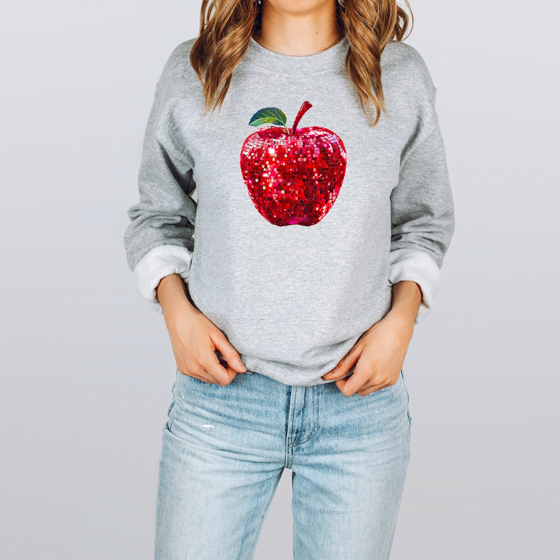 Red disco apple back to school sweatshirt, gray sweatshirt, detail view