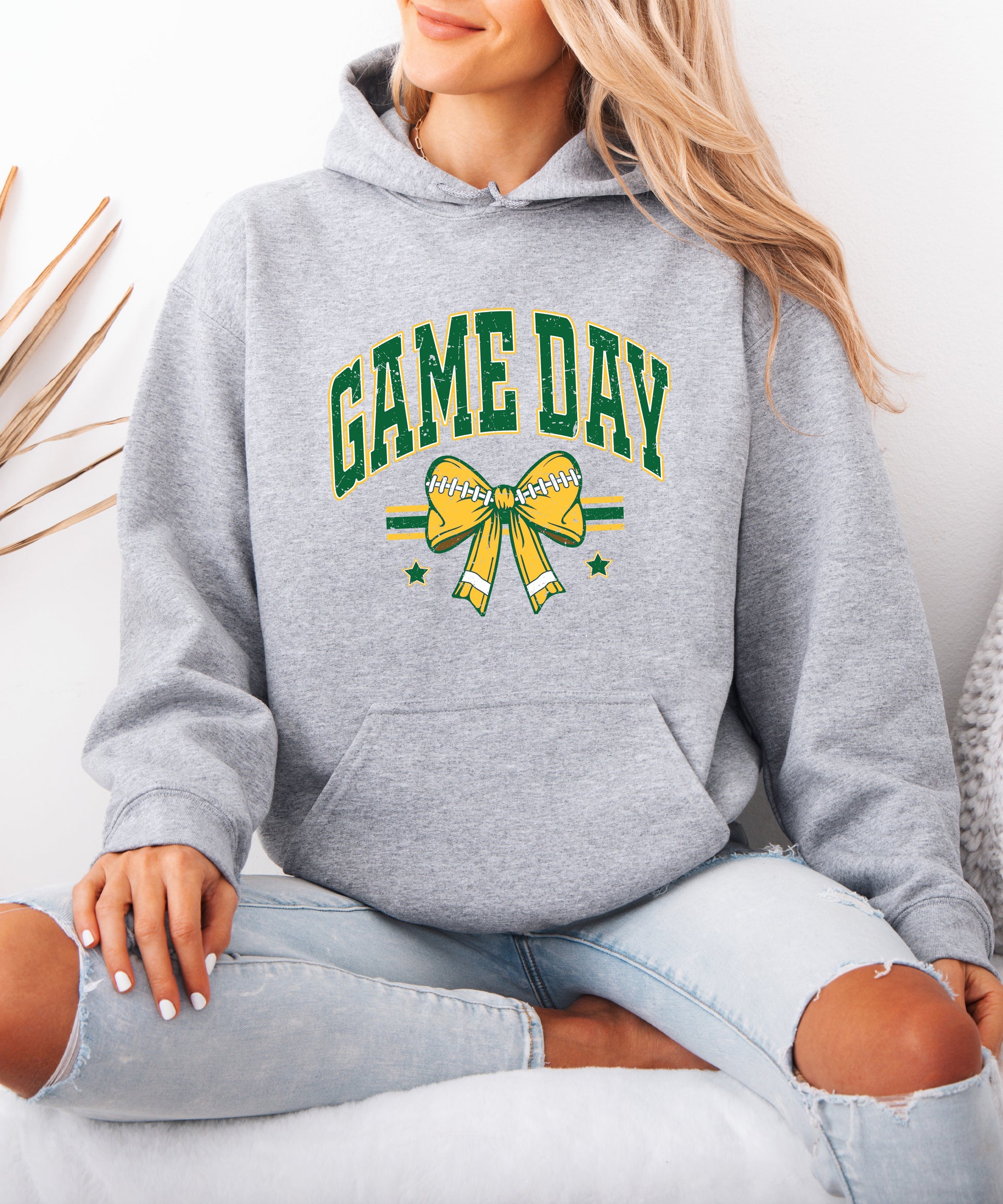 Game Day Football Bow Hoodie in Gray - close-up print detail