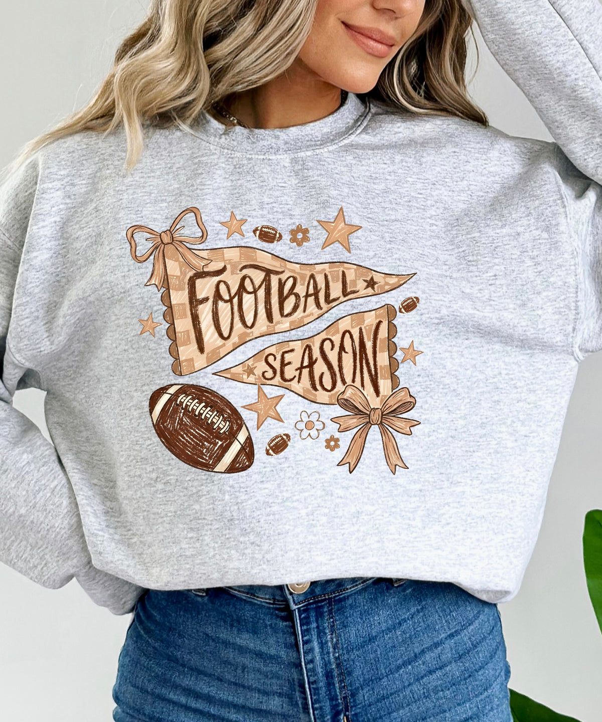 Football Season Coquette Bow Pennant Game Day Crewneck Sweatshirt - Gray Sweatshirt view 5