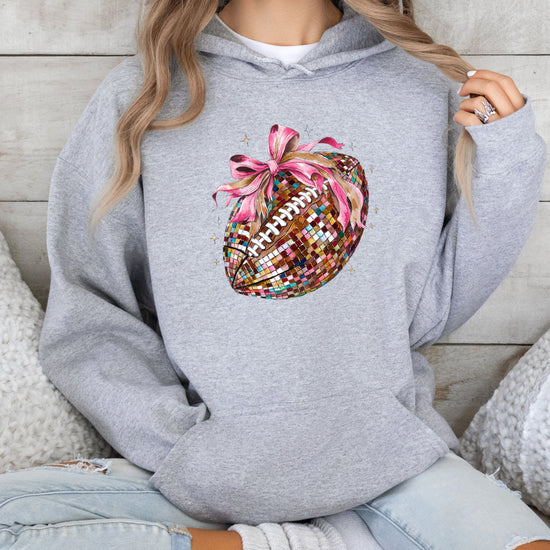 Disco Ball Football Coquette Bow Hoodie for Women, Gray Hoodie, view 5