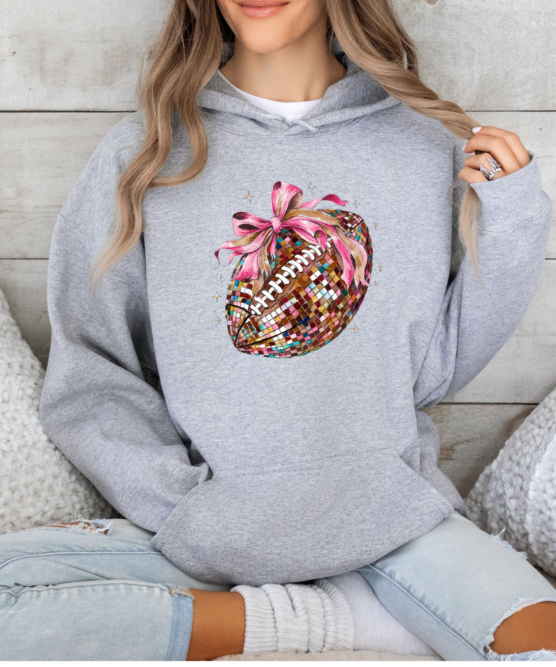 Disco Ball Football Coquette Bow Hoodie for Women, Gray Hoodie, view 5