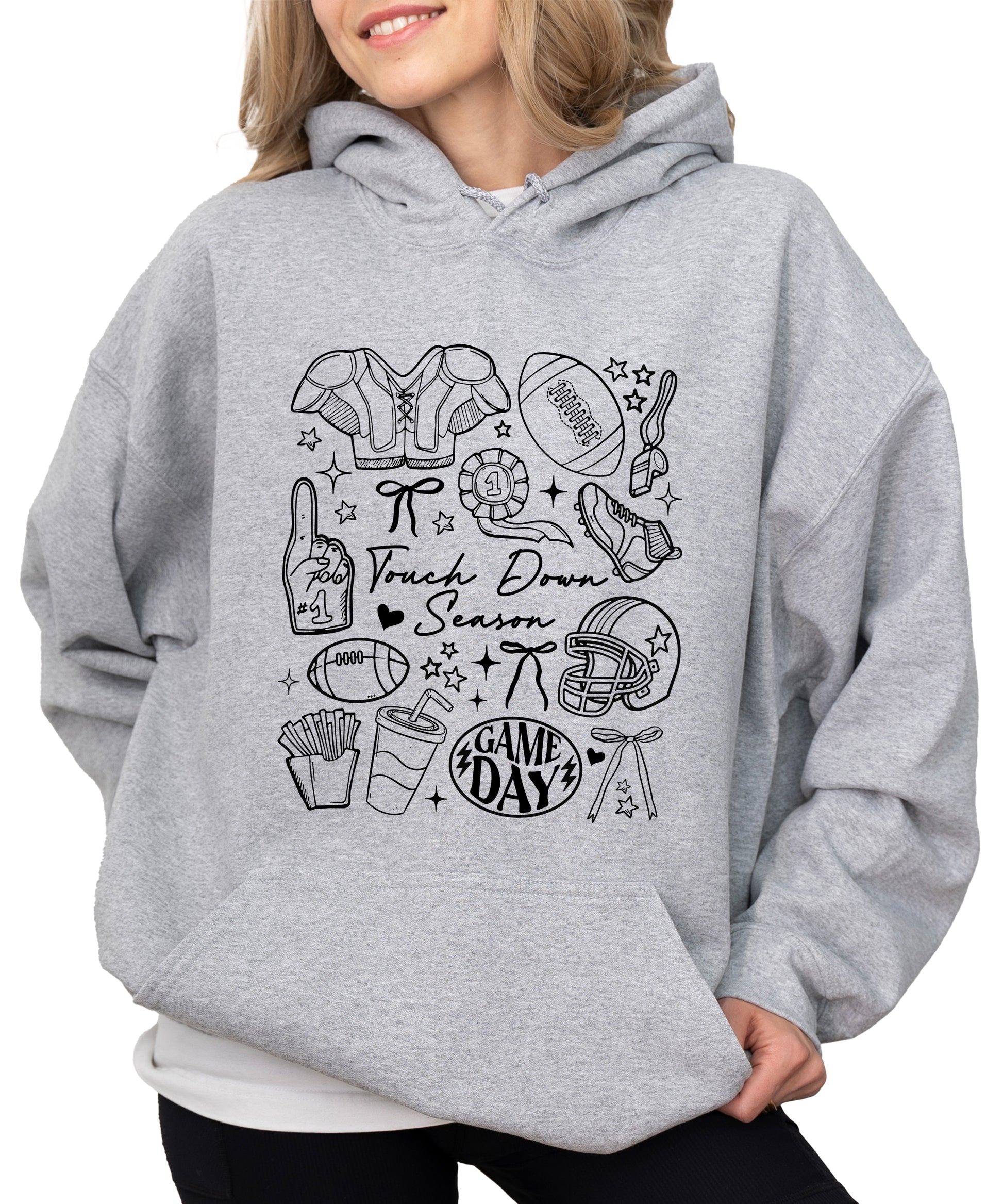 Gray Touch Down Season football hoodie close up print