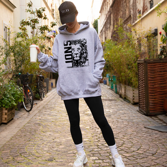 Lions School Spirit hoodie in Gray - distressed lion mascot game day pullover sweatshirt, view 5