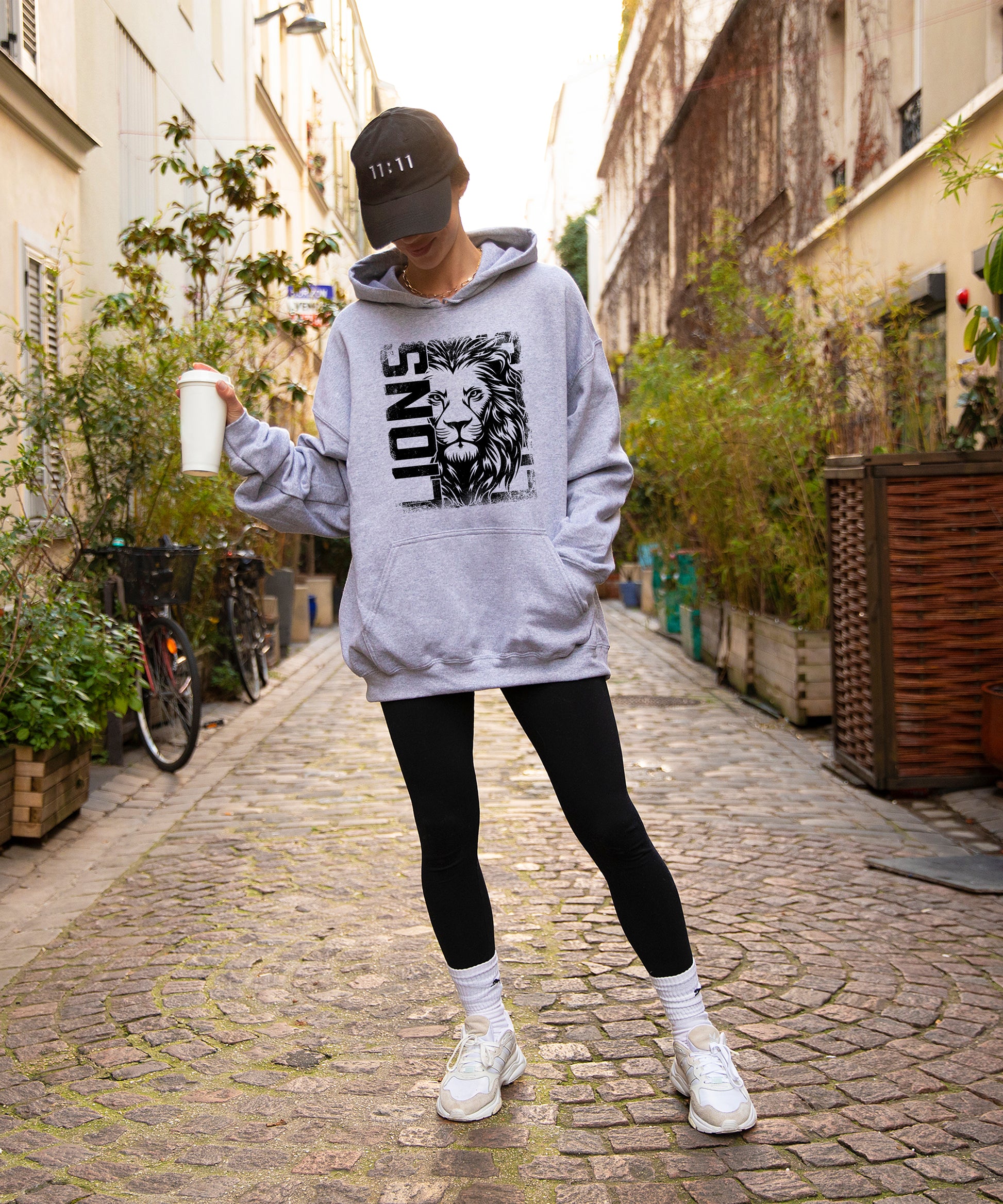 Lions School Spirit hoodie in Gray - distressed lion mascot game day pullover sweatshirt, view 5