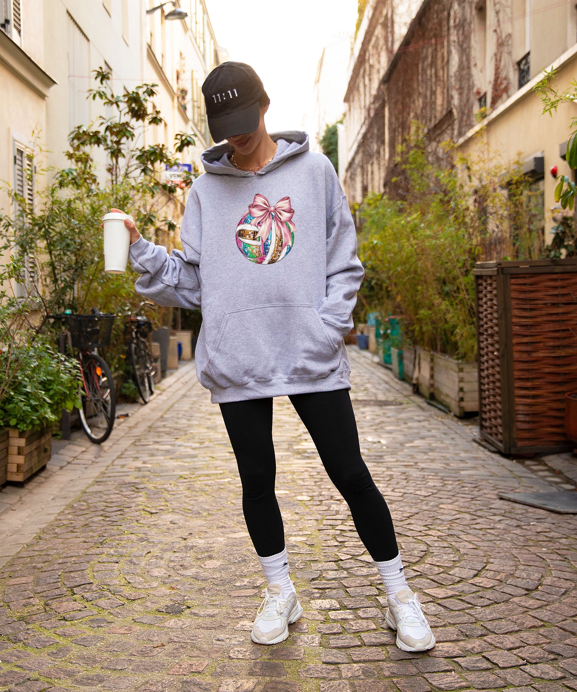 Disco Volleyball Coquette Bow Hoodie - Gray - View 5
