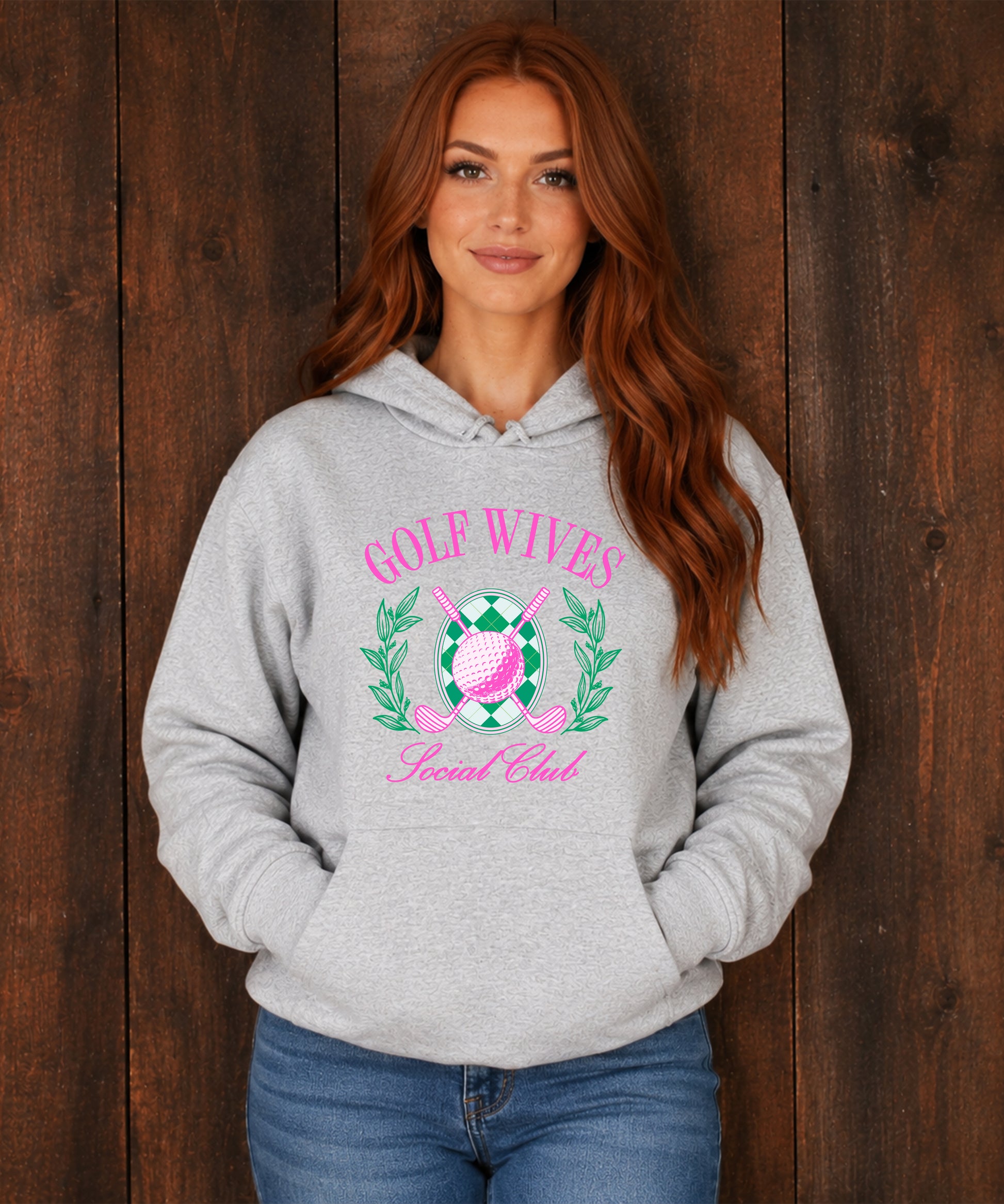 Golf Wives Social Club hoodie in Gray, styled view